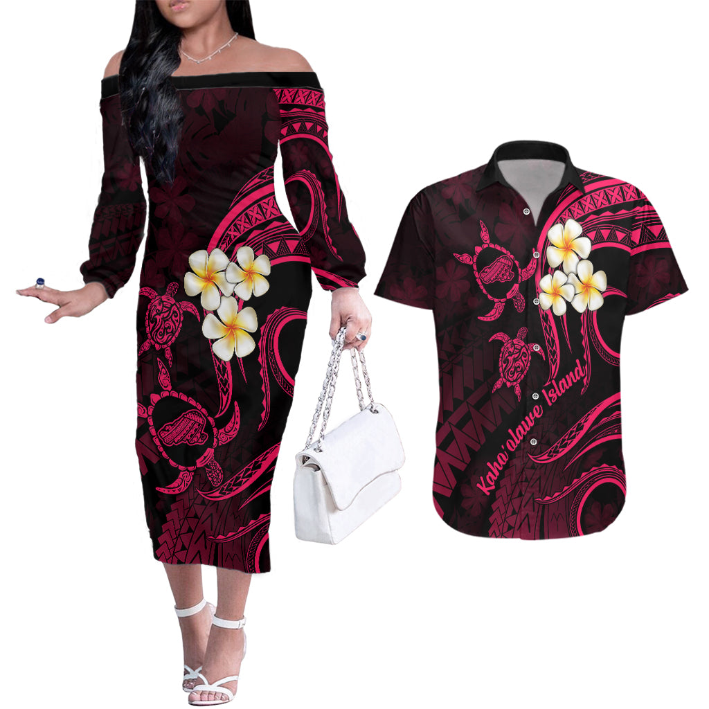 Hawaii Couples Off The Shoulder Long Sleeve Dress and Hawaiian Shirt Kahoolawe Islands Polynesian Sunset Plumeria Pink Vibe LT9 - Wonder Print Shop