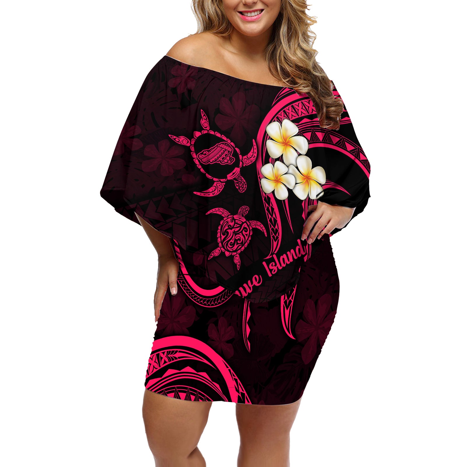 Hawaii Off Shoulder Short Dress Kahoolawe Islands Polynesian Sunset Plumeria Pink Vibe - Wonder Print Shop