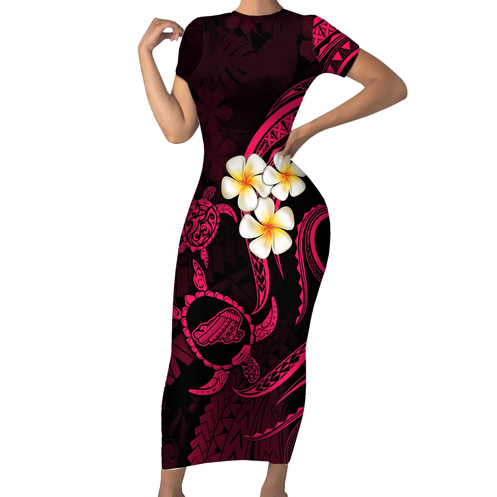 Hawaii Short Sleeve Bodycon Dress Kahoolawe Islands Polynesian Sunset Plumeria Pink Vibe - Wonder Print Shop