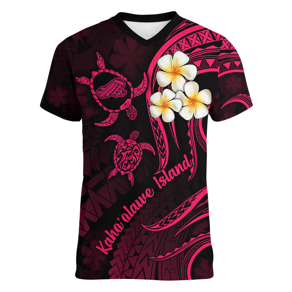 Hawaii Women V Neck T Shirt Kahoolawe Islands Polynesian Sunset Plumeria Pink Vibe - Wonder Print Shop