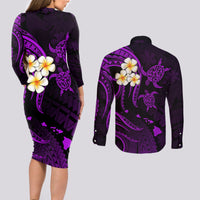 Polynesian Hawaii Couples Long Sleeve Bodycon Dress and Long Sleeve Button Shirts Kahoolawe Islands with Pacific Plumeria Purple Vibe LT9 - Wonder Print Shop