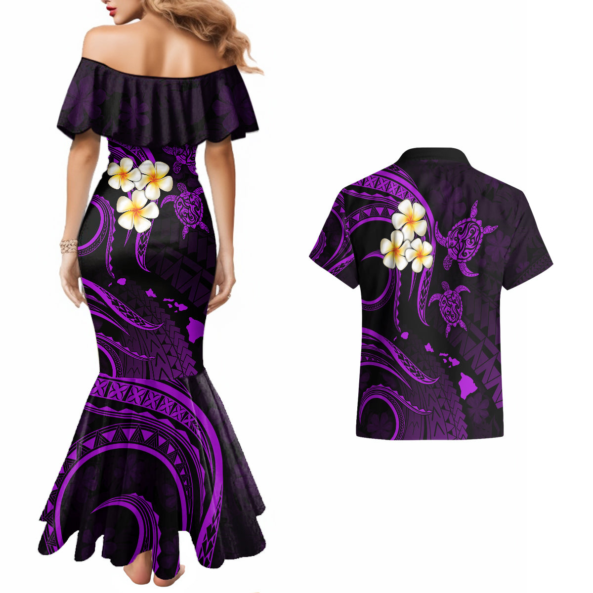 Polynesian Hawaii Couples Mermaid Dress And Hawaiian Shirt Kahoolawe Islands with Pacific Plumeria Purple Vibe LT9 - Wonder Print Shop