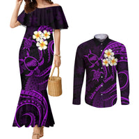 polynesian-hawaii-couples-mermaid-dress-and-long-sleeve-button-shirts-kahoolawe-islands-with-pacific-plumeria-purple-vibe