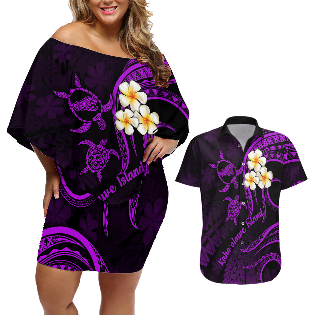 Polynesian Hawaii Couples Off Shoulder Short Dress and Hawaiian Shirt Kahoolawe Islands with Pacific Plumeria Purple Vibe LT9 - Wonder Print Shop