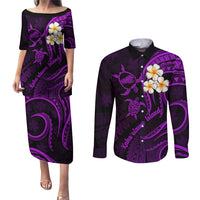 Polynesian Hawaii Couples Puletasi Dress and Long Sleeve Button Shirts Kahoolawe Islands with Pacific Plumeria Purple Vibe LT9 - Wonder Print Shop