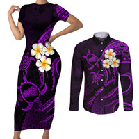 Polynesian Hawaii Couples Short Sleeve Bodycon Dress and Long Sleeve Button Shirts Kahoolawe Islands with Pacific Plumeria Purple Vibe LT9 - Wonder Print Shop
