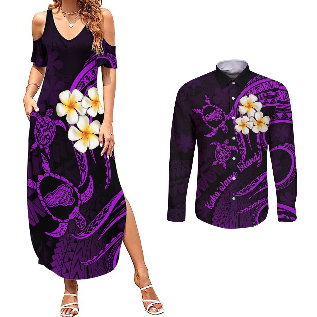 Polynesian Hawaii Couples Summer Maxi Dress and Long Sleeve Button Shirts Kahoolawe Islands with Pacific Plumeria Purple Vibe LT9 - Wonder Print Shop