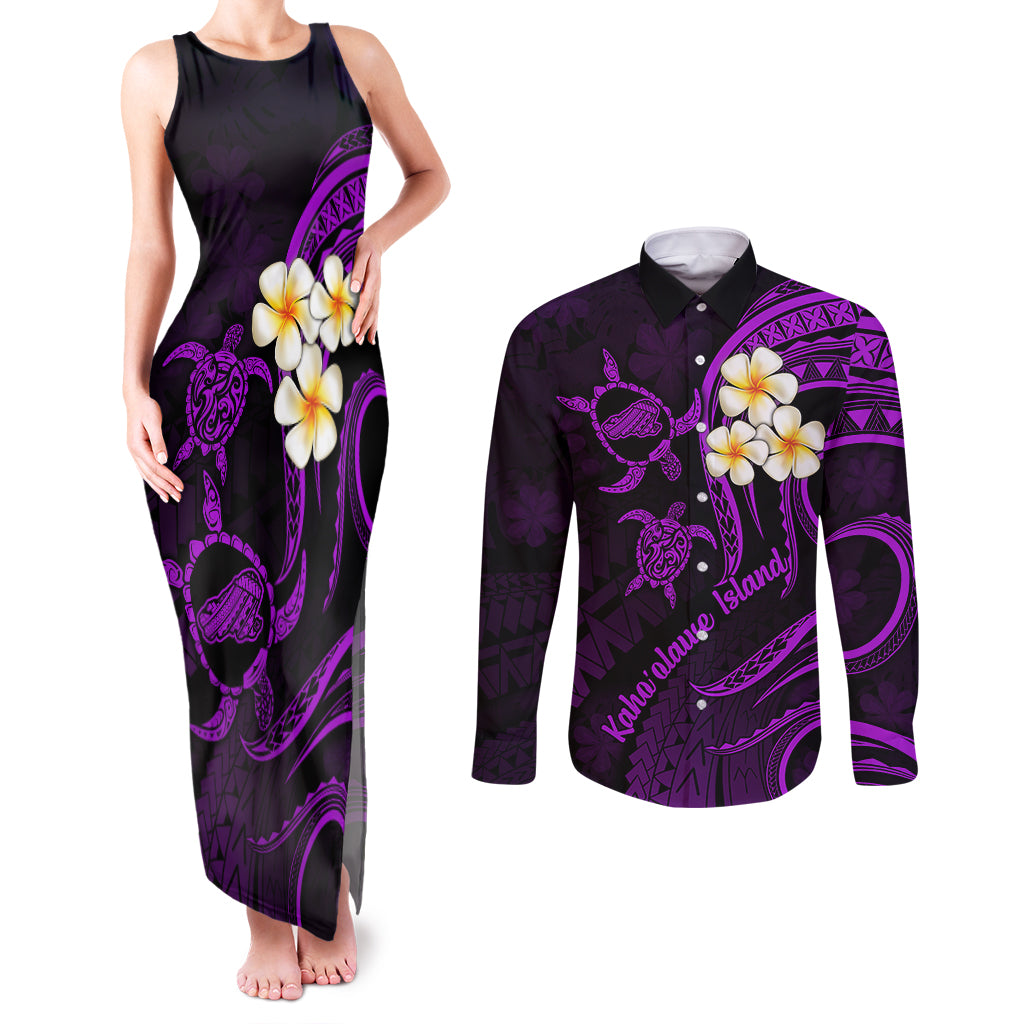 Polynesian Hawaii Couples Matching Tank Maxi Dress and Long Sleeve Button Shirts Kahoolawe Islands with Pacific Plumeria Purple Vibe LT9 - Wonder Print Shop