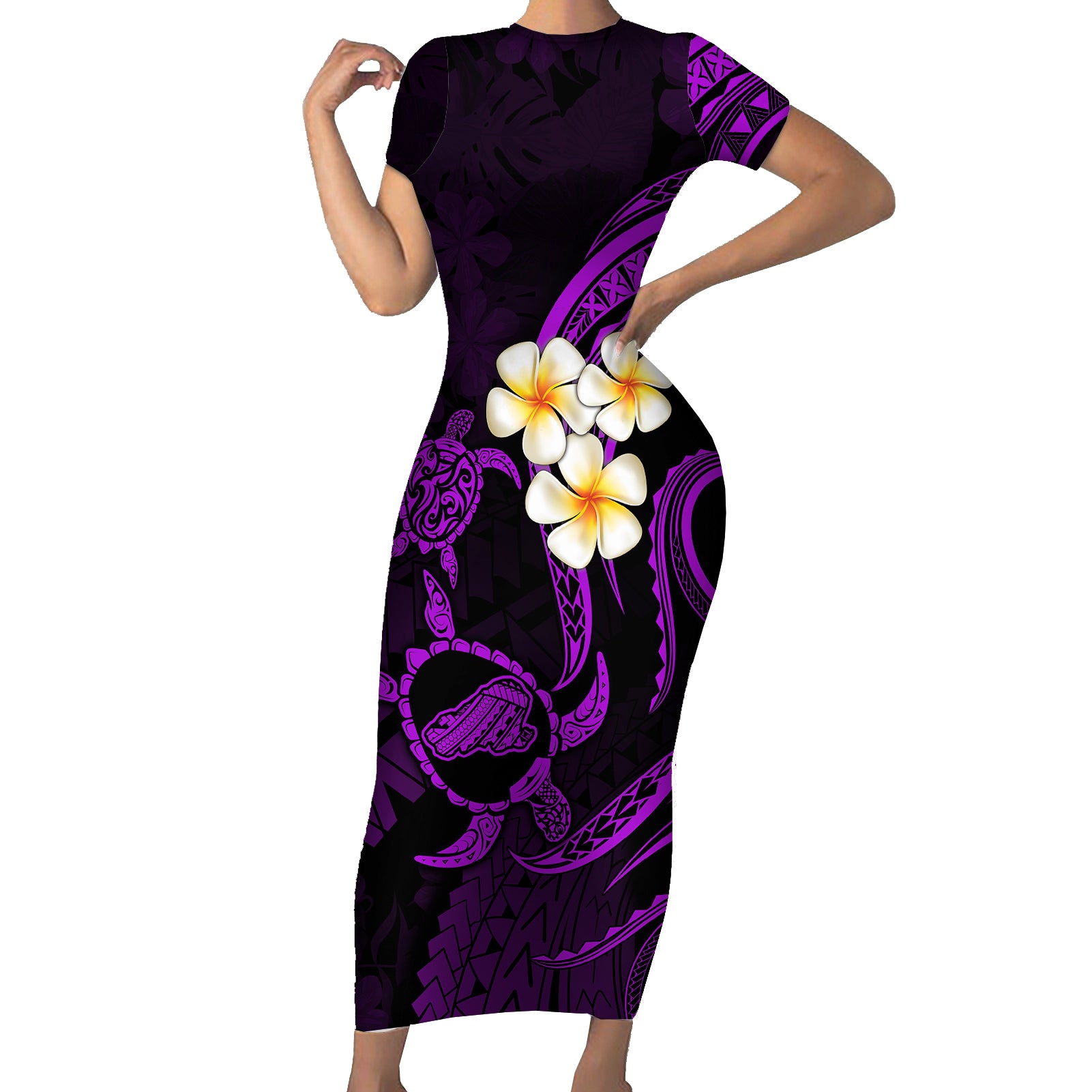 Polynesian Hawaii Short Sleeve Bodycon Dress Kahoolawe Islands with Pacific Plumeria Purple Vibe - Wonder Print Shop