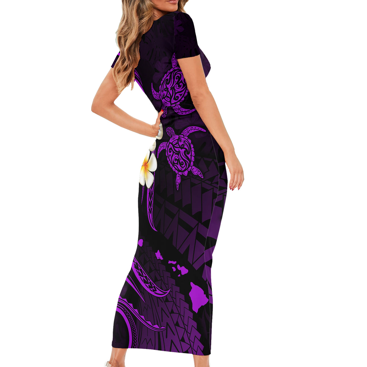 Polynesian Hawaii Short Sleeve Bodycon Dress Kahoolawe Islands with Pacific Plumeria Purple Vibe - Wonder Print Shop