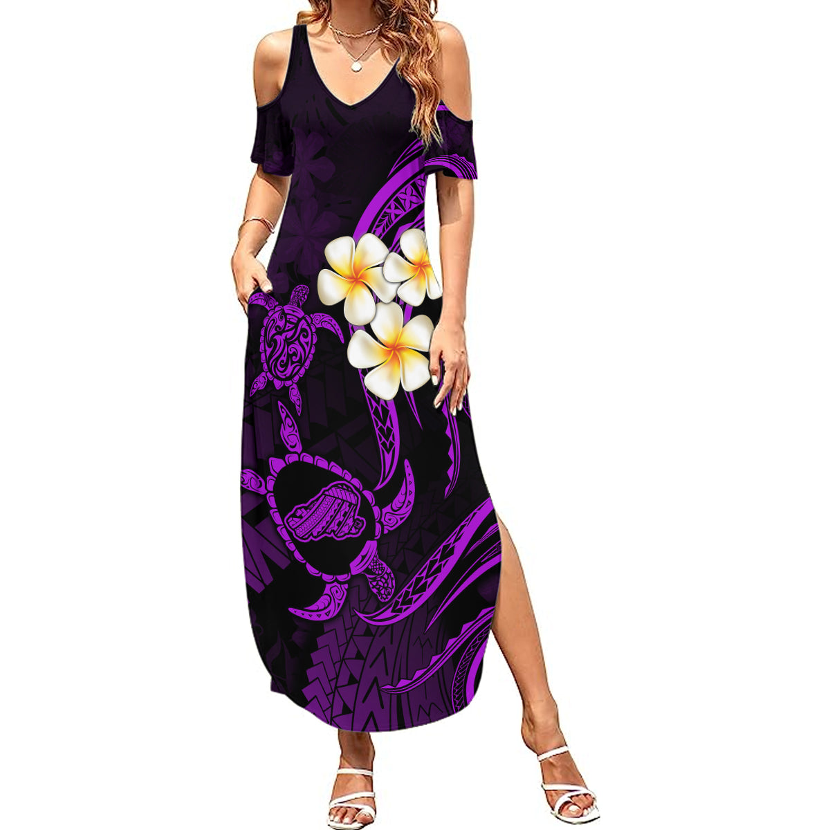 Polynesian Hawaii Summer Maxi Dress Kahoolawe Islands with Pacific Plumeria Purple Vibe - Wonder Print Shop