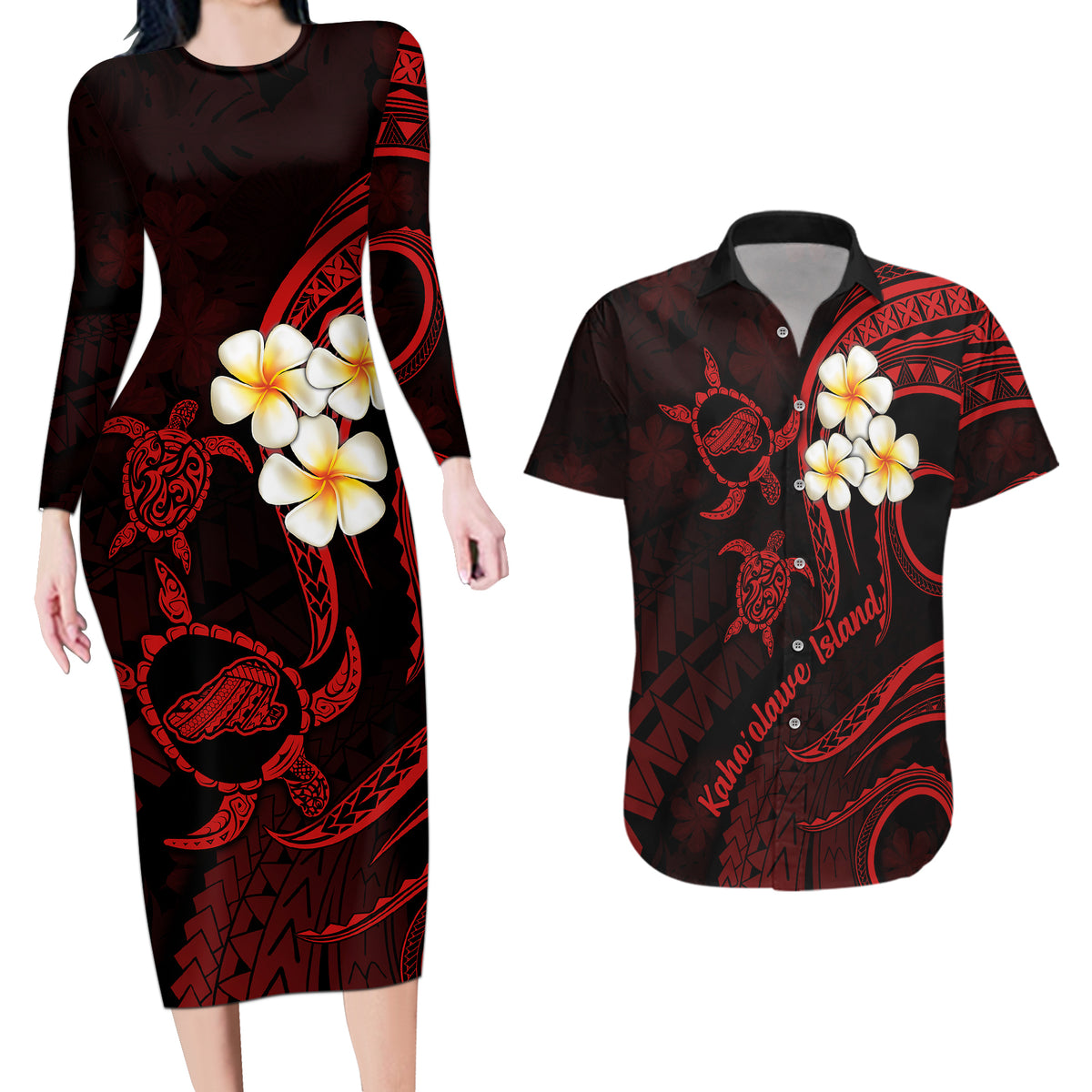 Polynesian Hawaii Couples Long Sleeve Bodycon Dress and Hawaiian Shirt Kahoolawe Islands with Pacific Plumeria Red Vibe LT9 - Wonder Print Shop