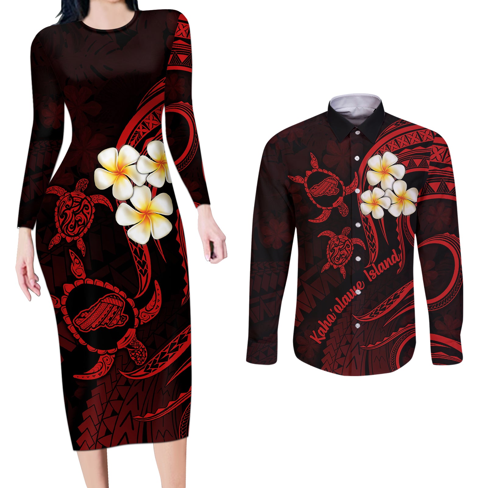 Polynesian Hawaii Couples Long Sleeve Bodycon Dress and Long Sleeve Button Shirts Kahoolawe Islands with Pacific Plumeria Red Vibe LT9 - Wonder Print Shop
