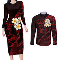 Polynesian Hawaii Couples Long Sleeve Bodycon Dress and Long Sleeve Button Shirts Kahoolawe Islands with Pacific Plumeria Red Vibe LT9 - Wonder Print Shop