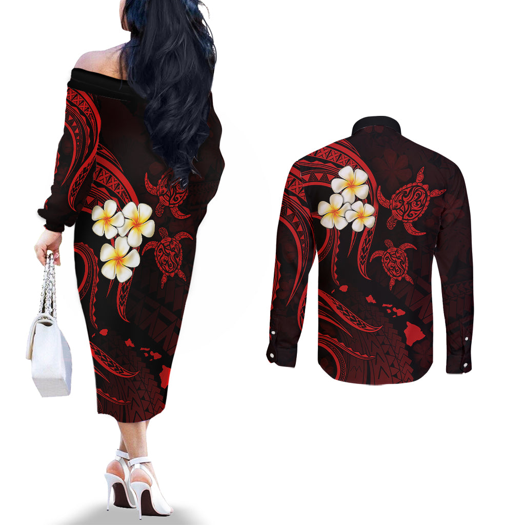 polynesian-hawaii-couples-off-the-shoulder-long-sleeve-dress-and-long-sleeve-button-shirts-kahoolawe-islands-with-pacific-plumeria-red-vibe