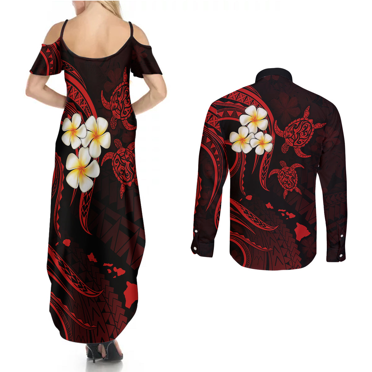 Polynesian Hawaii Couples Summer Maxi Dress and Long Sleeve Button Shirts Kahoolawe Islands with Pacific Plumeria Red Vibe LT9 - Wonder Print Shop