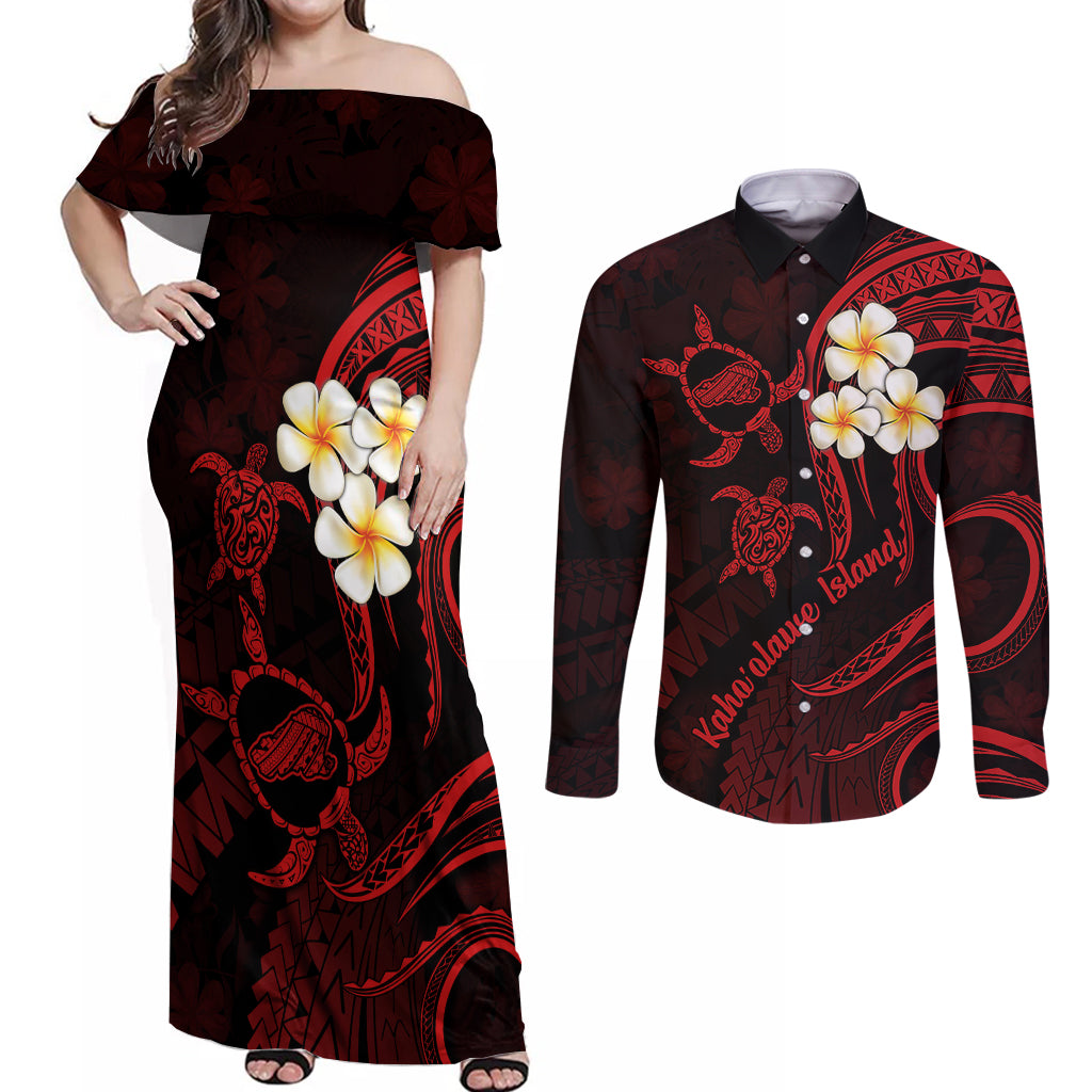 Polynesian Hawaii Couples Off Shoulder Maxi Dress and Long Sleeve Button Shirts Kahoolawe Islands with Pacific Plumeria Red Vibe LT9 - Wonder Print Shop