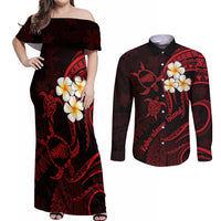 Polynesian Hawaii Couples Off Shoulder Maxi Dress and Long Sleeve Button Shirts Kahoolawe Islands with Pacific Plumeria Red Vibe LT9 - Wonder Print Shop