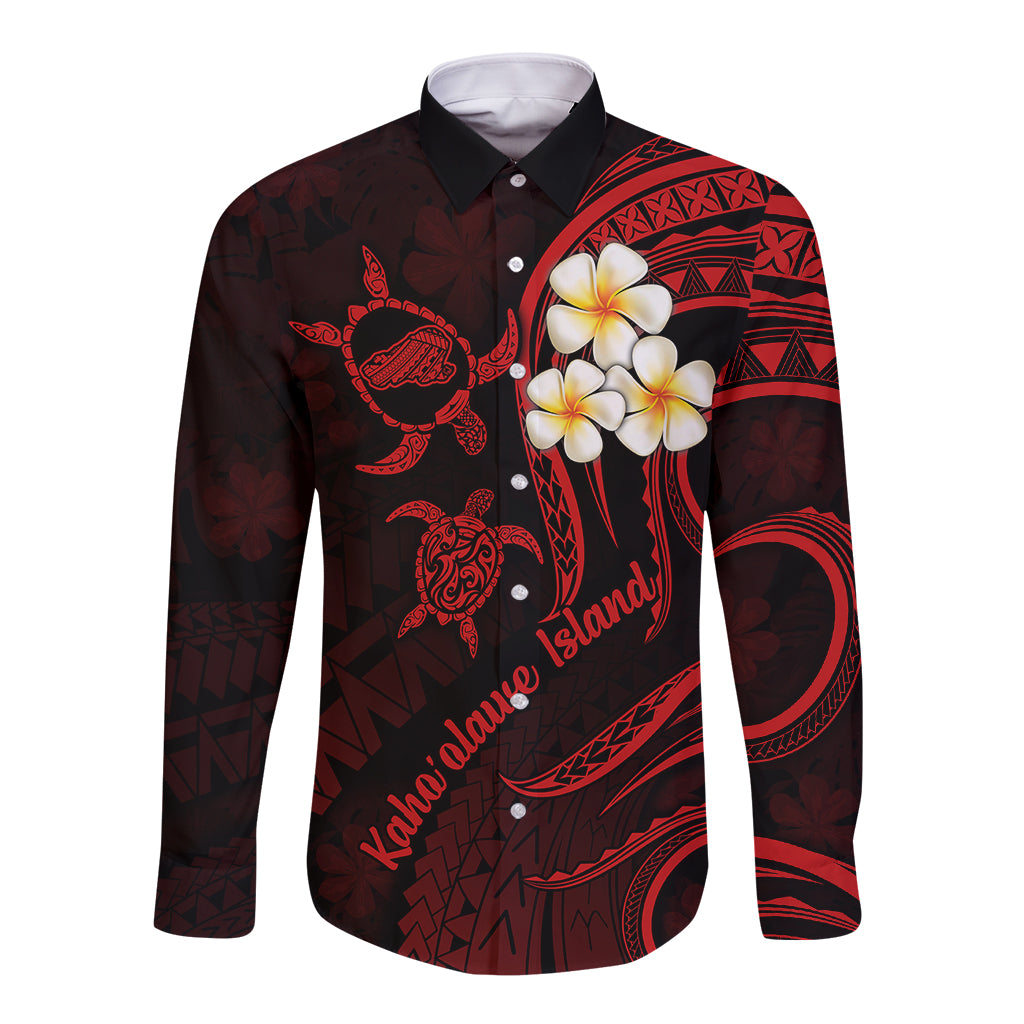 Polynesian Hawaii Long Sleeve Button Shirt Kahoolawe Islands with Pacific Plumeria Red Vibe - Wonder Print Shop
