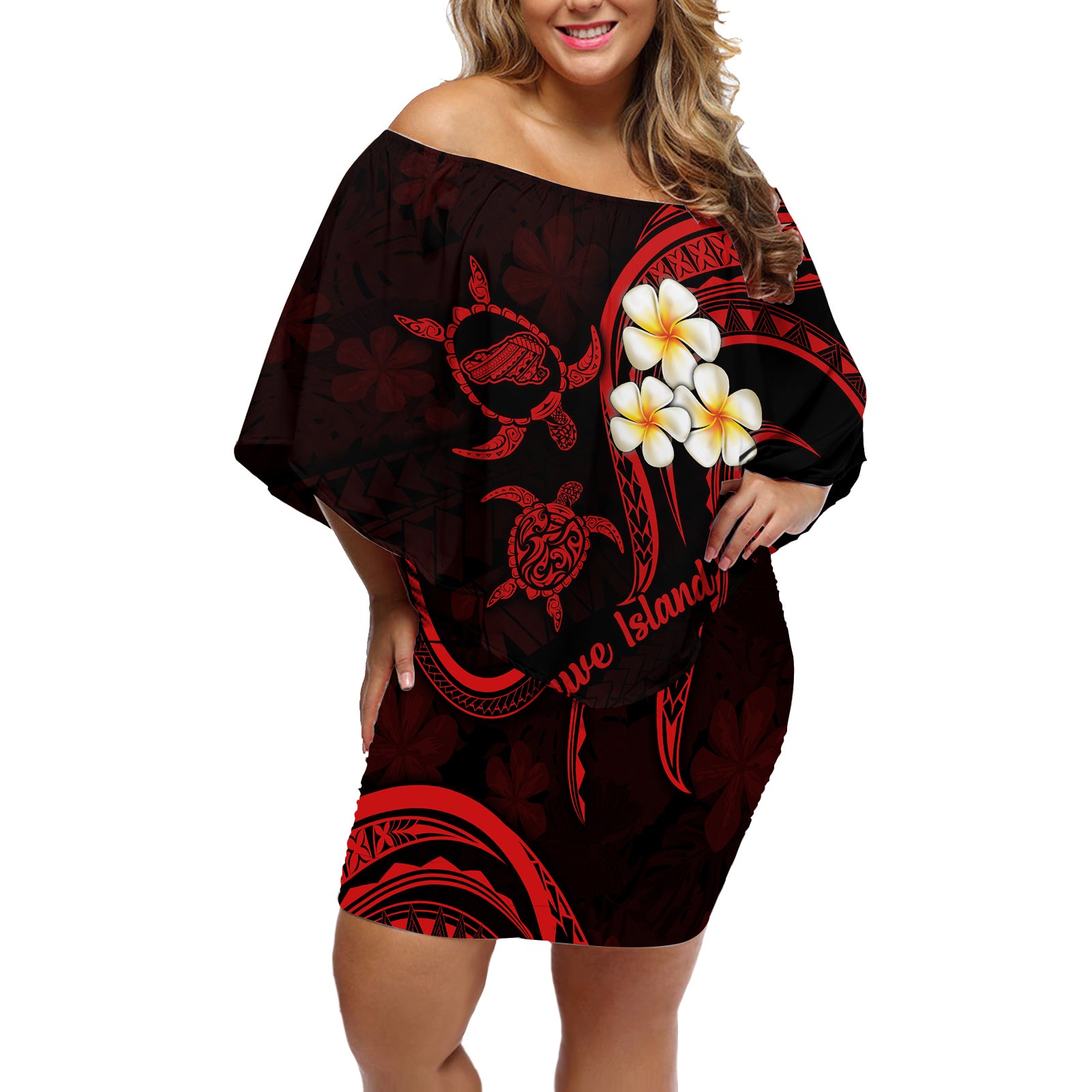 Polynesian Hawaii Off Shoulder Short Dress Kahoolawe Islands with Pacific Plumeria Red Vibe - Wonder Print Shop