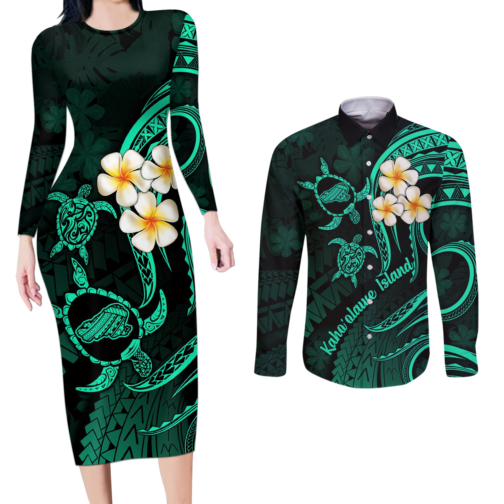 Polynesian Hawaii Couples Long Sleeve Bodycon Dress and Long Sleeve Button Shirts Kahoolawe Islands with Pacific Plumeria Turquoise Vibe LT9 - Wonder Print Shop