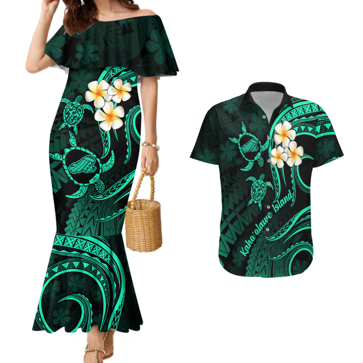 Polynesian Hawaii Couples Mermaid Dress And Hawaiian Shirt Kahoolawe Islands with Pacific Plumeria Turquoise Vibe LT9 - Wonder Print Shop