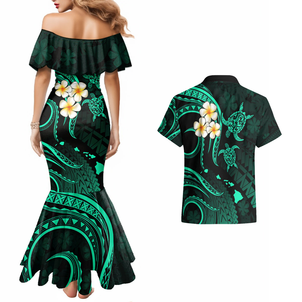 Polynesian Hawaii Couples Mermaid Dress And Hawaiian Shirt Kahoolawe Islands with Pacific Plumeria Turquoise Vibe LT9 - Wonder Print Shop