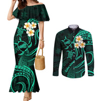 polynesian-hawaii-couples-mermaid-dress-and-long-sleeve-button-shirts-kahoolawe-islands-with-pacific-plumeria-turquoise-vibe