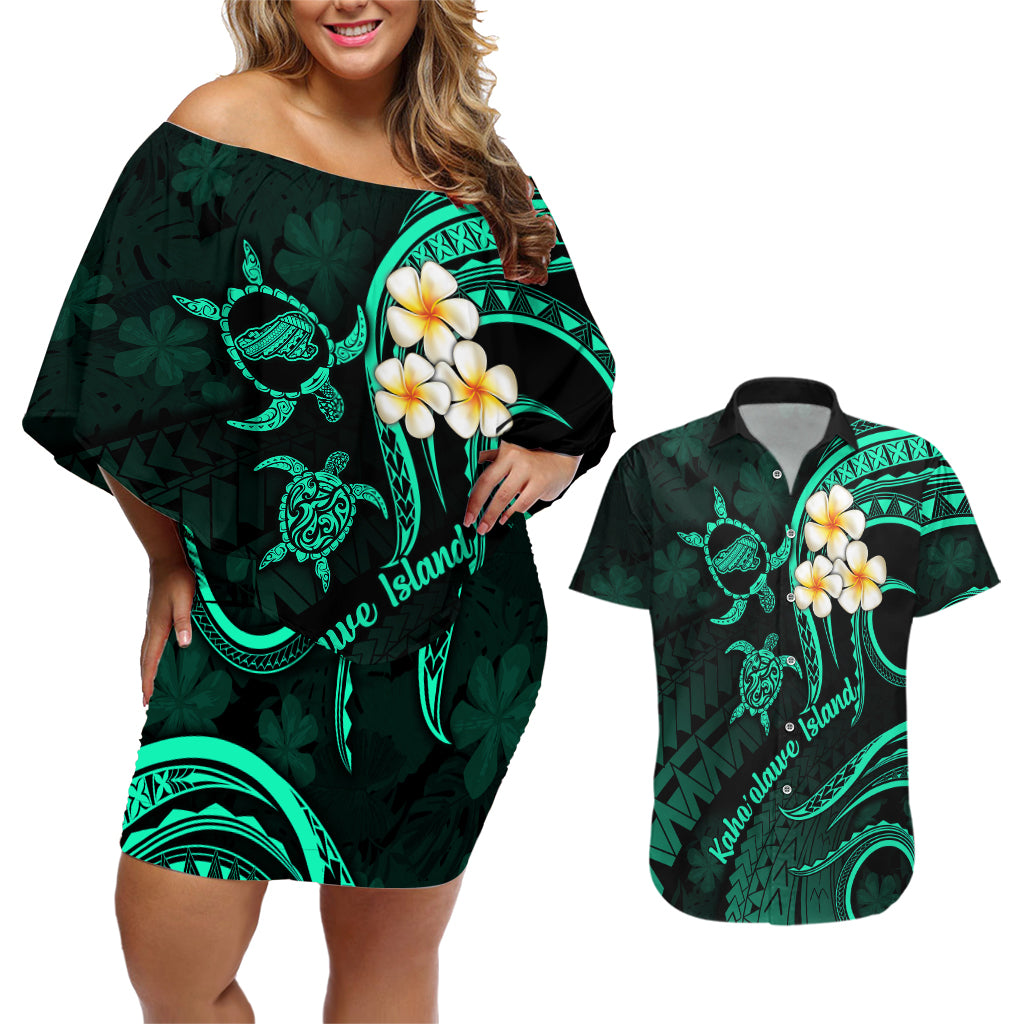 Polynesian Hawaii Couples Off Shoulder Short Dress and Hawaiian Shirt Kahoolawe Islands with Pacific Plumeria Turquoise Vibe LT9 - Wonder Print Shop