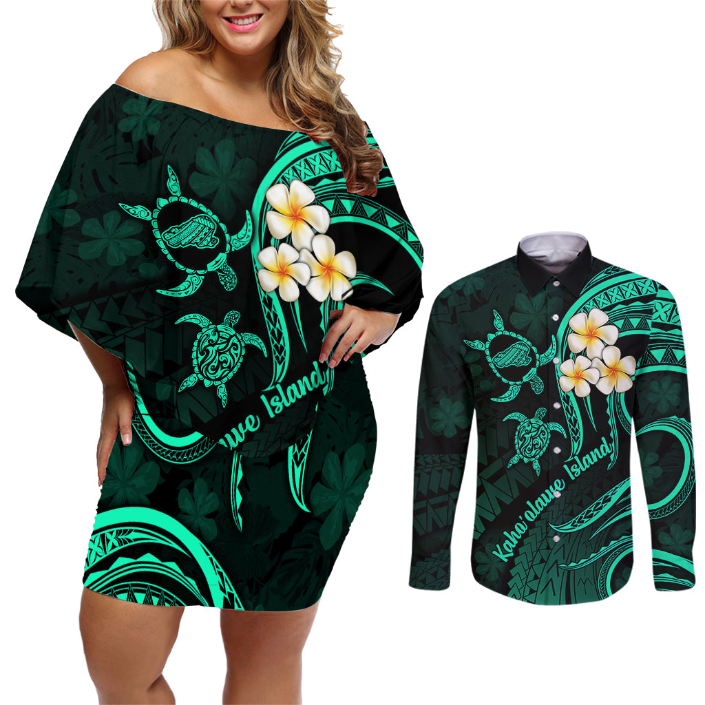 Polynesian Hawaii Couples Off Shoulder Short Dress and Long Sleeve Button Shirts Kahoolawe Islands with Pacific Plumeria Turquoise Vibe LT9 - Wonder Print Shop