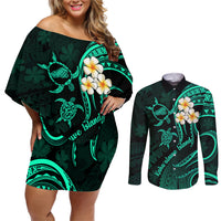 Polynesian Hawaii Couples Off Shoulder Short Dress and Long Sleeve Button Shirts Kahoolawe Islands with Pacific Plumeria Turquoise Vibe LT9 - Wonder Print Shop