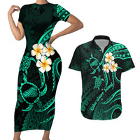 Polynesian Hawaii Couples Short Sleeve Bodycon Dress and Hawaiian Shirt Kahoolawe Islands with Pacific Plumeria Turquoise Vibe LT9 - Wonder Print Shop