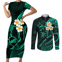 Polynesian Hawaii Couples Short Sleeve Bodycon Dress and Long Sleeve Button Shirts Kahoolawe Islands with Pacific Plumeria Turquoise Vibe LT9 - Wonder Print Shop