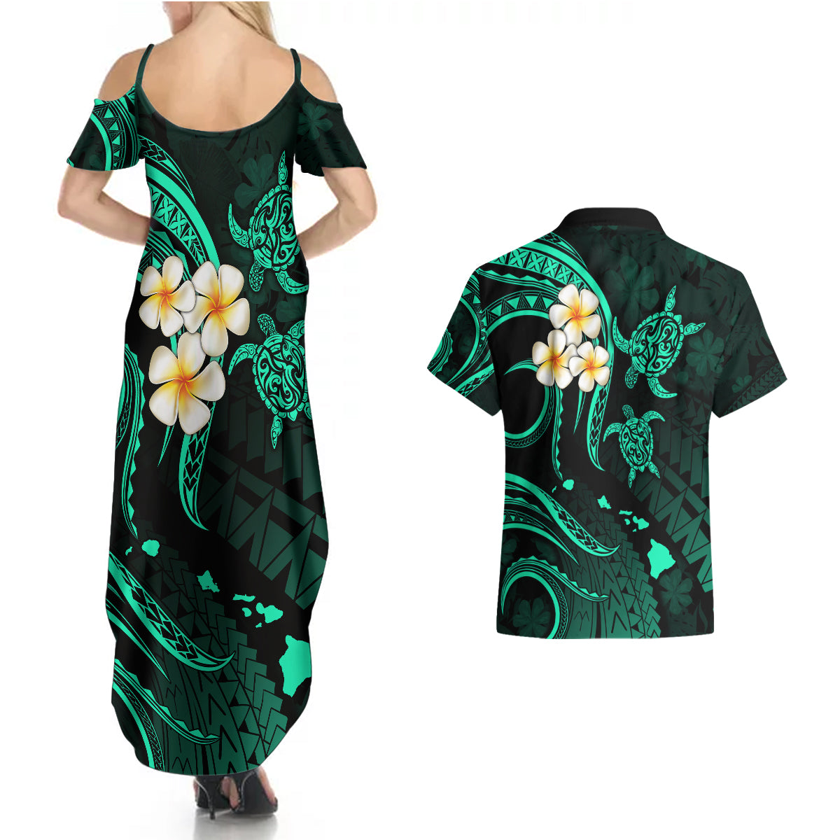 Polynesian Hawaii Couples Summer Maxi Dress and Hawaiian Shirt Kahoolawe Islands with Pacific Plumeria Turquoise Vibe LT9 - Wonder Print Shop