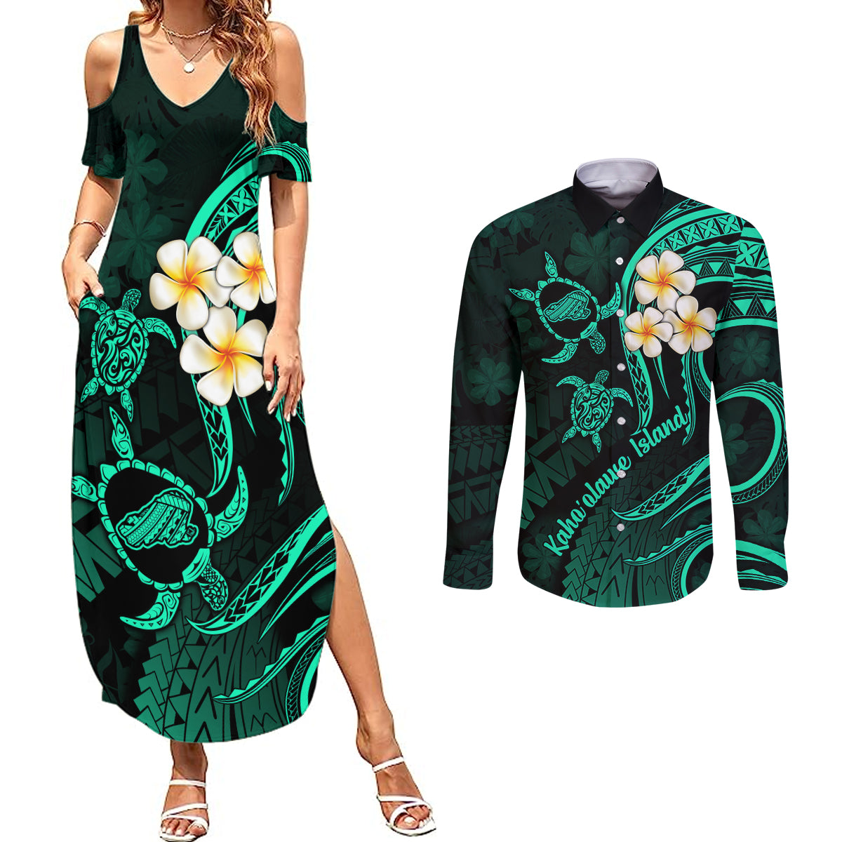 Polynesian Hawaii Couples Summer Maxi Dress and Long Sleeve Button Shirts Kahoolawe Islands with Pacific Plumeria Turquoise Vibe LT9 - Wonder Print Shop