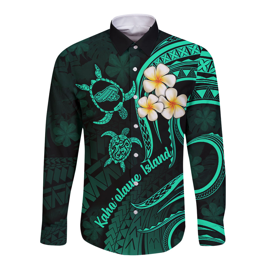 Polynesian Hawaii Long Sleeve Button Shirt Kahoolawe Islands with Pacific Plumeria Turquoise Vibe - Wonder Print Shop