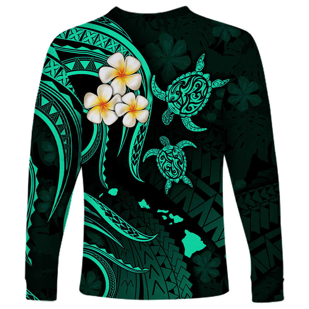 Polynesian Hawaii Long Sleeve Shirt Kahoolawe Islands with Pacific Plumeria Turquoise Vibe - Wonder Print Shop
