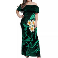 Polynesian Hawaii Off Shoulder Maxi Dress Kahoolawe Islands with Pacific Plumeria Turquoise Vibe - Wonder Print Shop