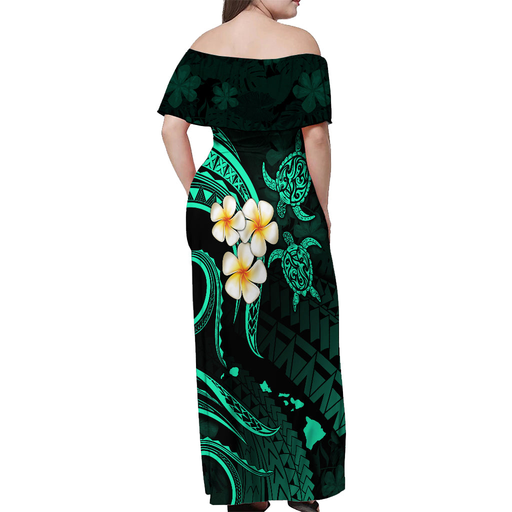 Polynesian Hawaii Off Shoulder Maxi Dress Kahoolawe Islands with Pacific Plumeria Turquoise Vibe - Wonder Print Shop