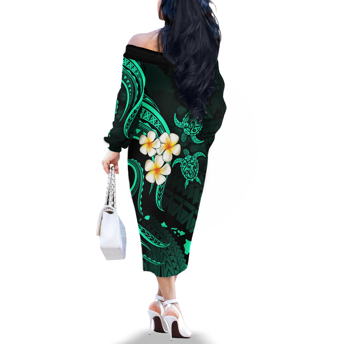 Polynesian Hawaii Off The Shoulder Long Sleeve Dress Kahoolawe Islands with Pacific Plumeria Turquoise Vibe - Wonder Print Shop