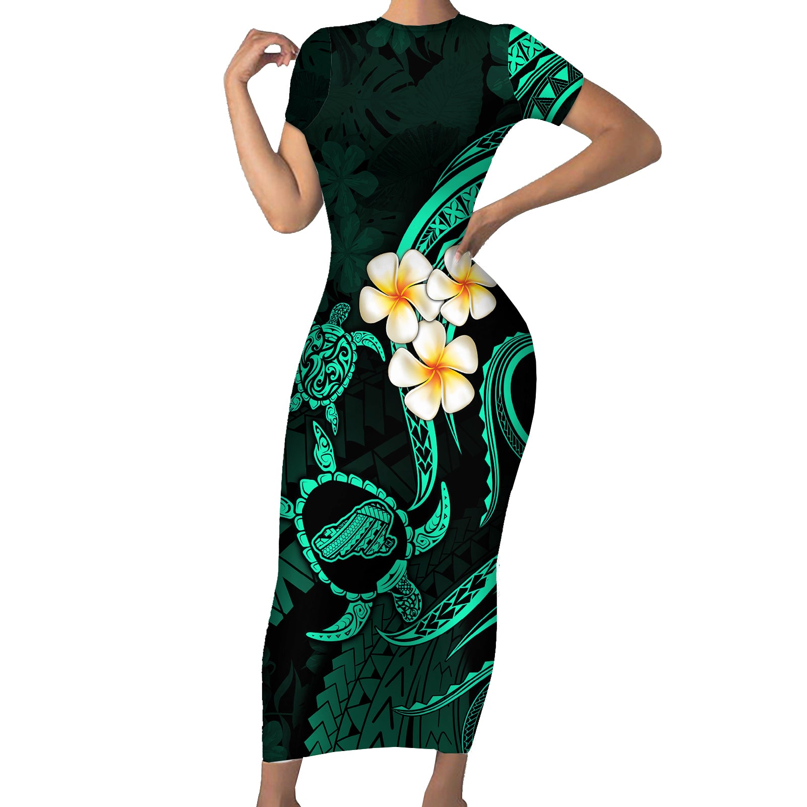 Polynesian Hawaii Short Sleeve Bodycon Dress Kahoolawe Islands with Pacific Plumeria Turquoise Vibe - Wonder Print Shop
