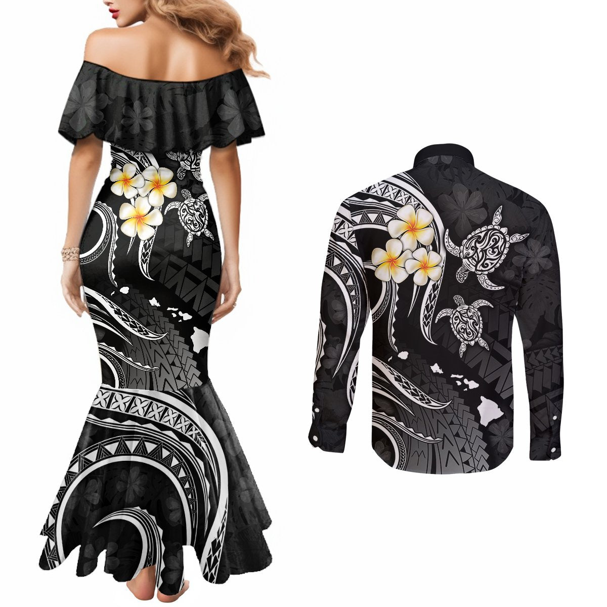 polynesian-hawaii-couples-mermaid-dress-and-long-sleeve-button-shirts-kahoolawe-islands-with-pacific-plumeria-white-vibe
