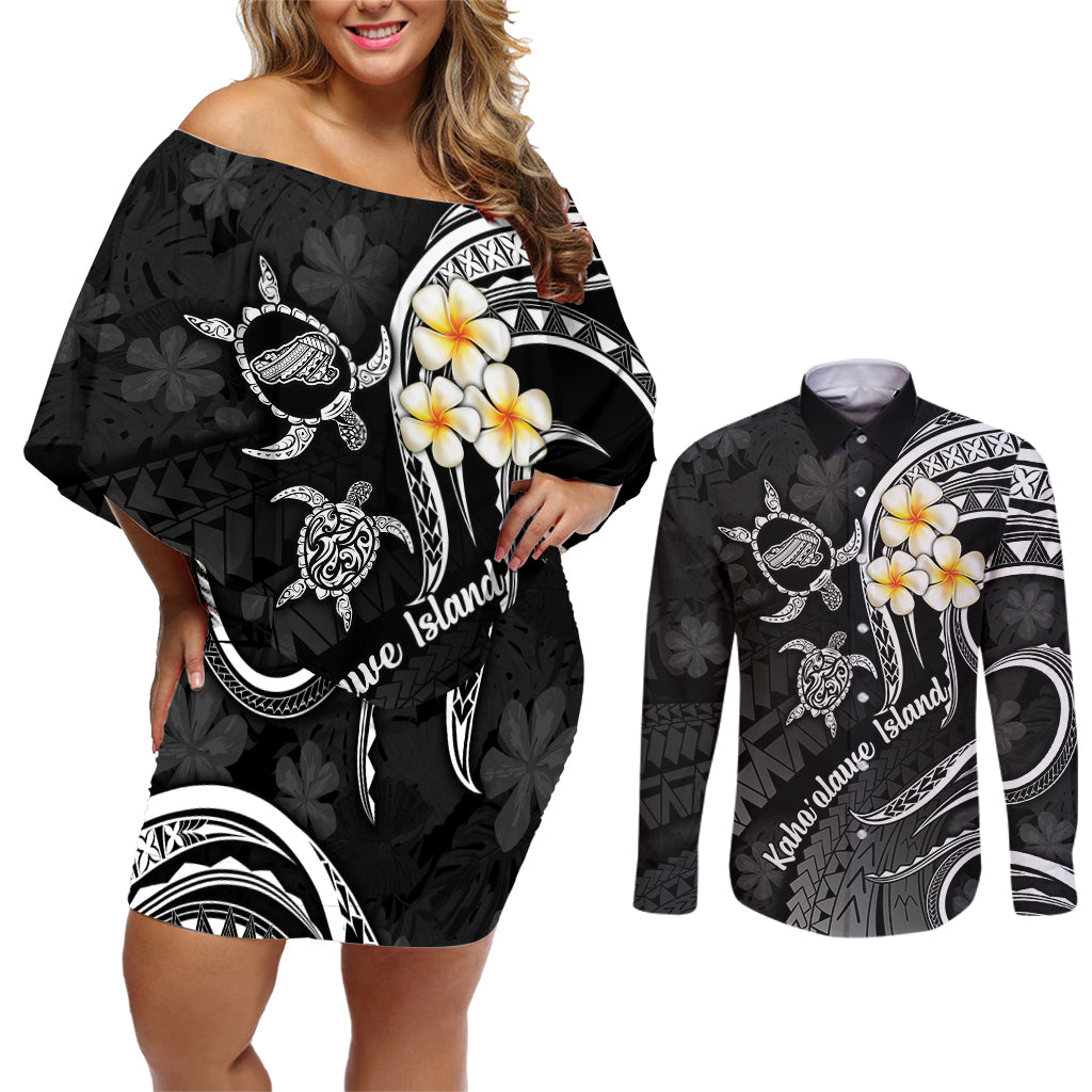 Polynesian Hawaii Couples Off Shoulder Short Dress and Long Sleeve Button Shirts Kahoolawe Islands with Pacific Plumeria White Vibe LT9 - Wonder Print Shop