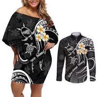 Polynesian Hawaii Couples Off Shoulder Short Dress and Long Sleeve Button Shirts Kahoolawe Islands with Pacific Plumeria White Vibe LT9 - Wonder Print Shop