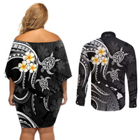 Polynesian Hawaii Couples Off Shoulder Short Dress and Long Sleeve Button Shirts Kahoolawe Islands with Pacific Plumeria White Vibe LT9 - Wonder Print Shop