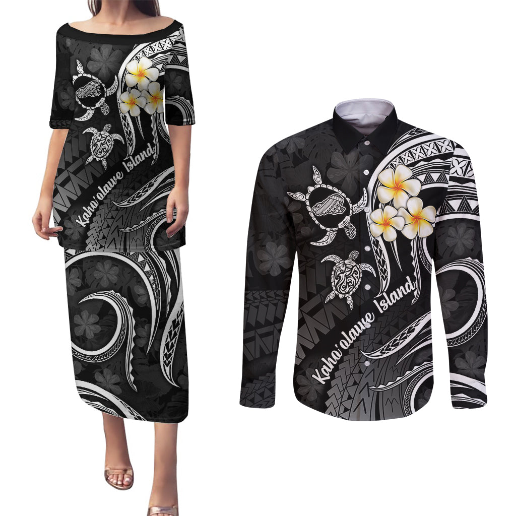 Polynesian Hawaii Couples Puletasi Dress and Long Sleeve Button Shirts Kahoolawe Islands with Pacific Plumeria White Vibe LT9 - Wonder Print Shop