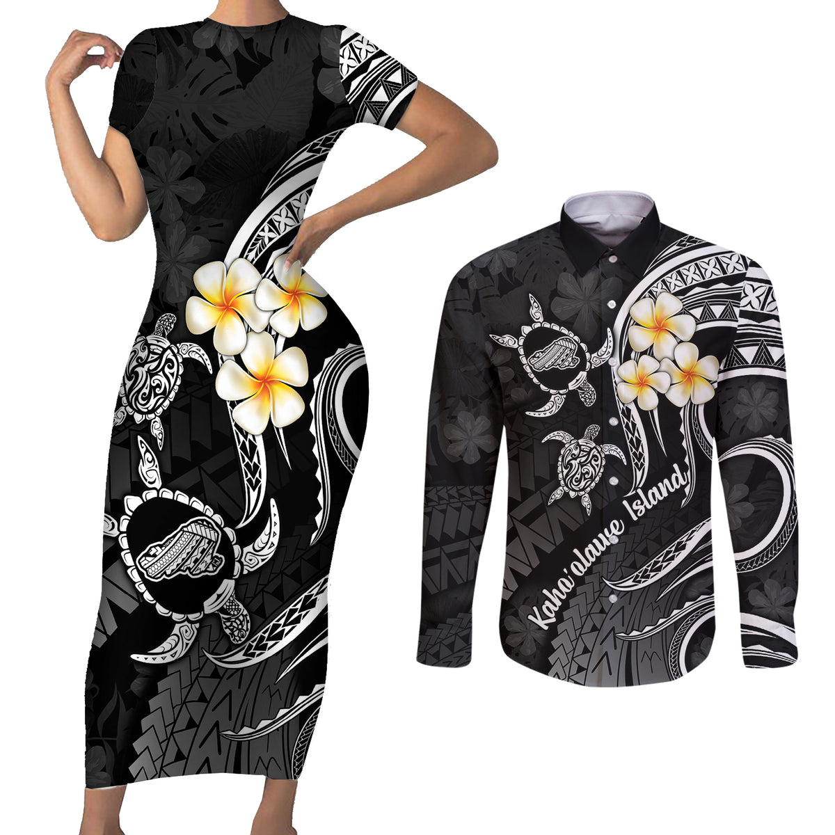 Polynesian Hawaii Couples Short Sleeve Bodycon Dress and Long Sleeve Button Shirts Kahoolawe Islands with Pacific Plumeria White Vibe LT9 - Wonder Print Shop