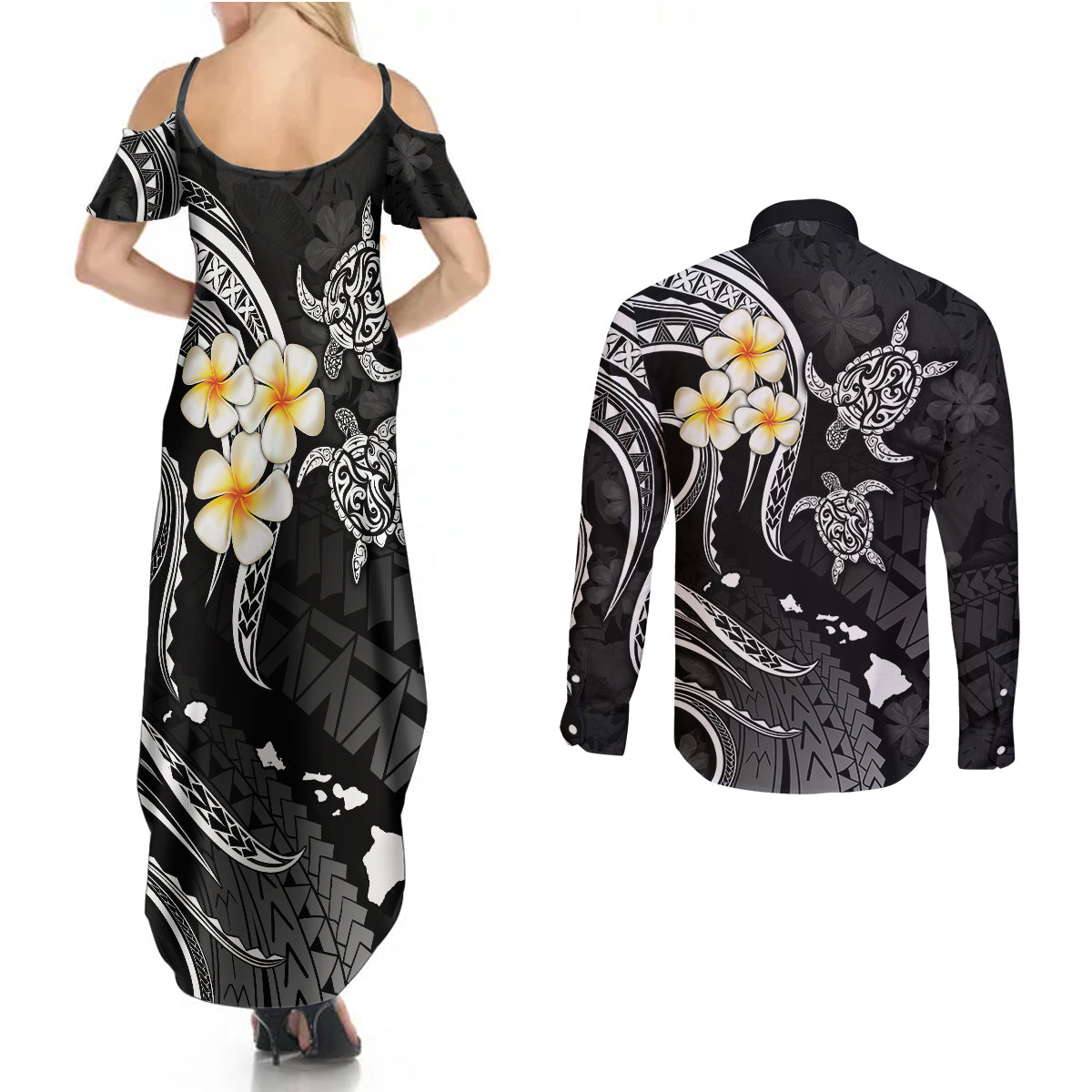 Polynesian Hawaii Couples Summer Maxi Dress and Long Sleeve Button Shirts Kahoolawe Islands with Pacific Plumeria White Vibe LT9 - Wonder Print Shop