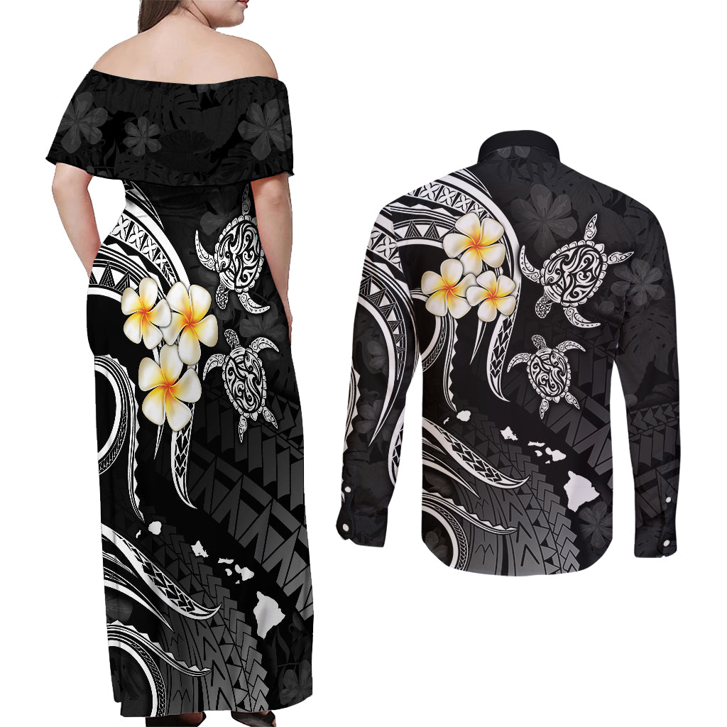 Polynesian Hawaii Couples Off Shoulder Maxi Dress and Long Sleeve Button Shirts Kahoolawe Islands with Pacific Plumeria White Vibe LT9 - Wonder Print Shop