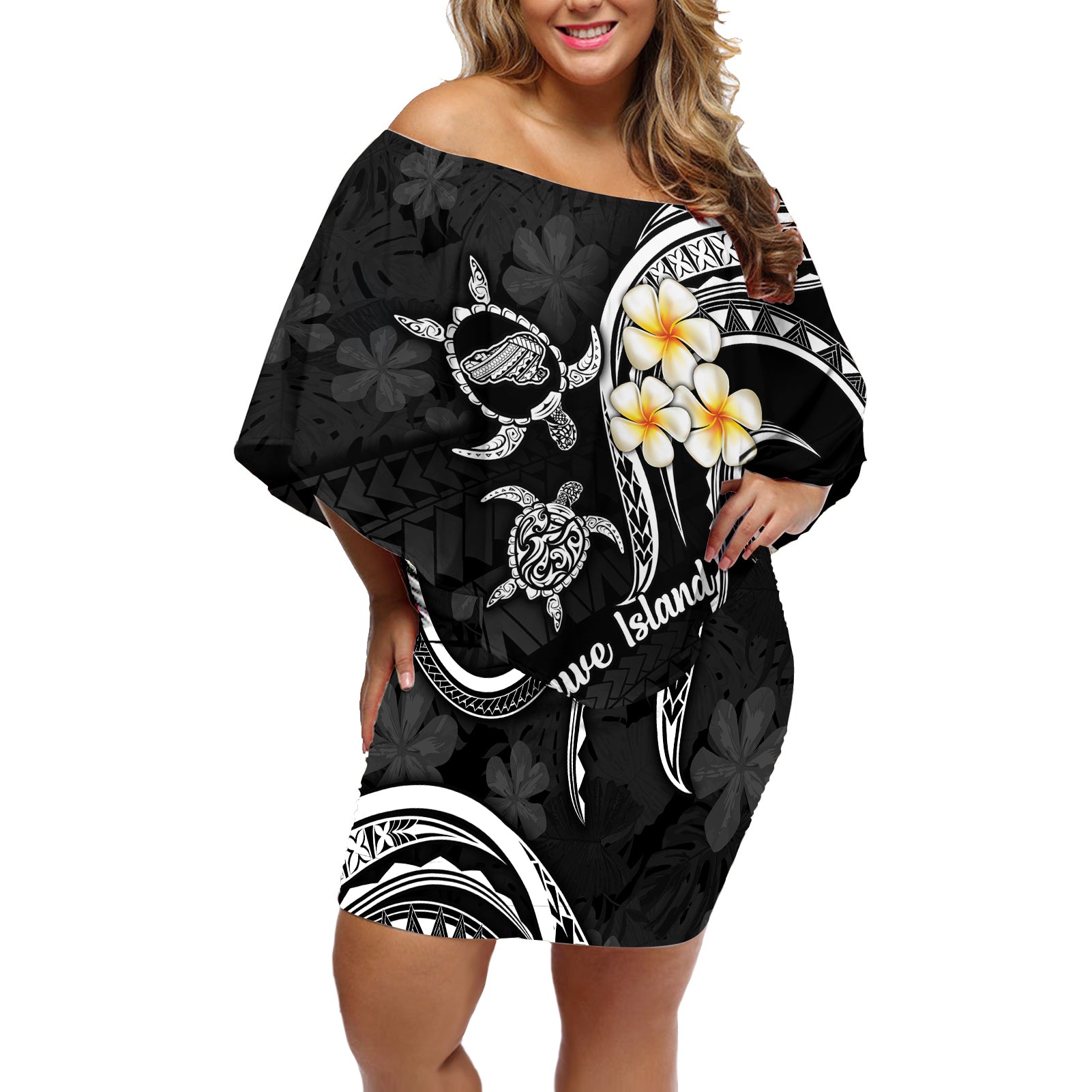 Polynesian Hawaii Off Shoulder Short Dress Kahoolawe Islands with Pacific Plumeria White Vibe - Wonder Print Shop